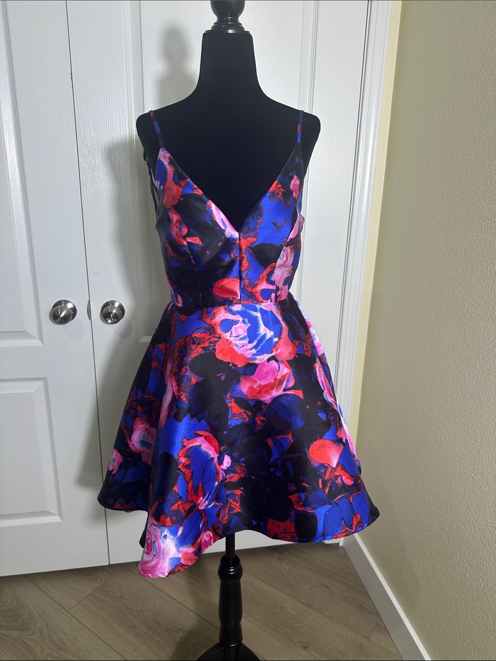 B. Smart V-Neck Floral Fit-and-Flare Dress in Blue, Red, Black and Pink. Size 0